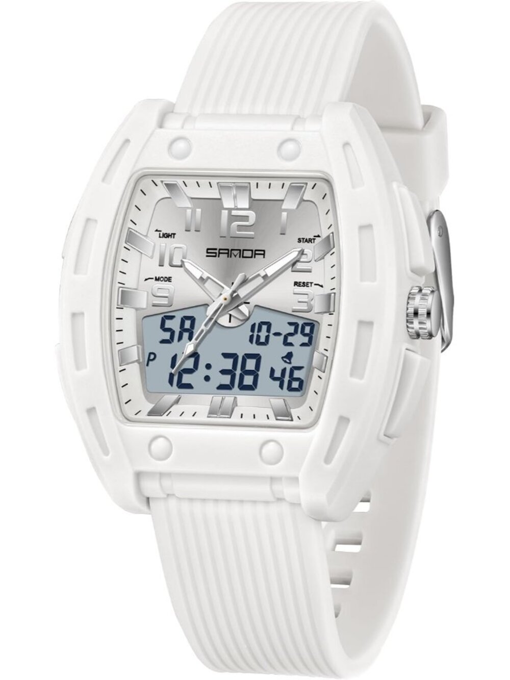 Women's White Digital Analog Sports Unique Rectangle Waterproof Wrist Watches